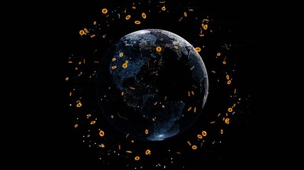 Animation of abstract dotted earth globe with bitcoin cryptocurrency sign. Design element for banner, news posts, social media decoration. Financial or social abstract background animation High