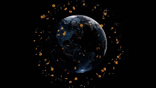 Animation of abstract dotted earth globe with bitcoin cryptocurrency sign. Design element for banner, news posts, social media decoration. Financial or social abstract background animation High