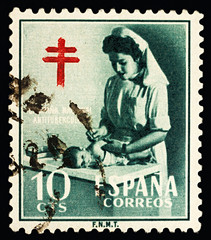 Nurse with child, Cross of Lorraine on postage stamp
