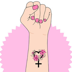 Feminism symbol. Fighting fist of a woman. Lovely vector illustration. Fight for the rights and equality.