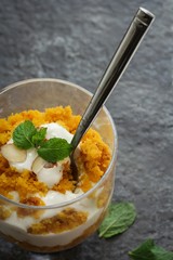 Mango cake Trifle or parfait, selective focus