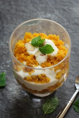 Mango cake Trifle or parfait, selective focus