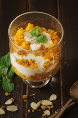 Mango cake Trifle or parfait, selective focus