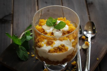 Mango cake Trifle or parfait, selective focus