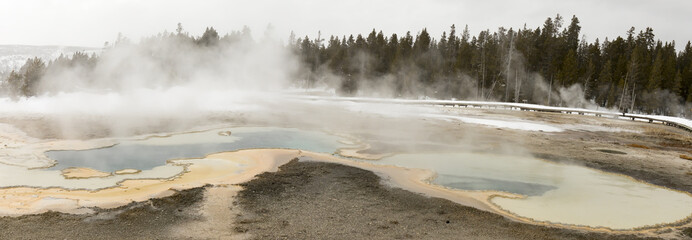 Panorama of hot springs in Upper Geyser Basin, Yellowstone National Park