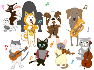 Obraz na płótnie Canvas 犬と猫のコンサート。犬と猫が楽器を演奏している。