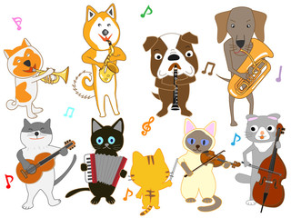 犬と猫のコンサート。犬と猫が楽器を演奏している。