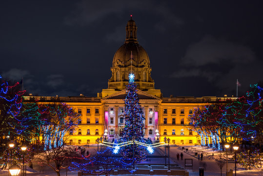 Legislature Building In Edmonton Close-up During Winter