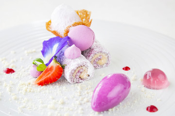 Elegant dessert in plate, molecular gastronomy, haute couture dessert