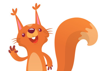 Cute cartoon squirrel presenting and waving hand. Vector illustration.