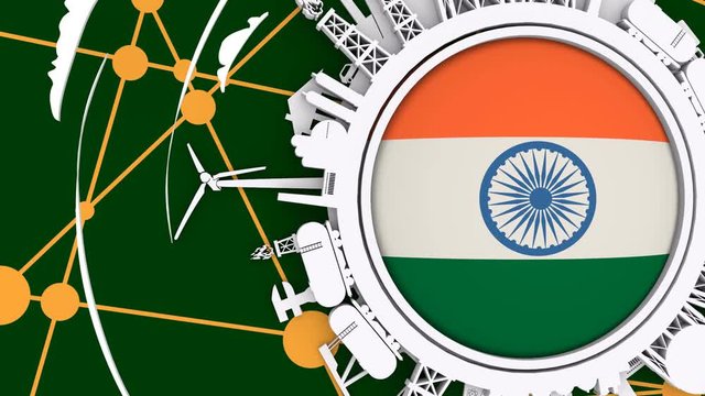 Circle with energy relative silhouettes. Objects located around textured by flag of the India sphere . Industrial design animated background. 3D rendering