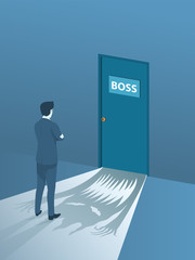 Businessman Brave Standing Front of the Boss Room, Simple Flat Vector.