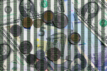 international banknote and coin among binary code background