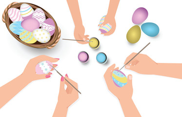 Happy easter family having fun paint and decorate eggs for holiday