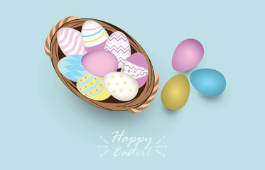 Top view of colored easter eggs in basket, vector illustration.