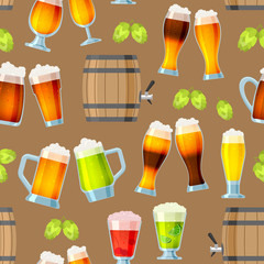 Beer in beerhouse brewery vector beermug or beerbottle and dark ale in bar on beery party with alcohol and beered up in pub illustration seamless pattern background