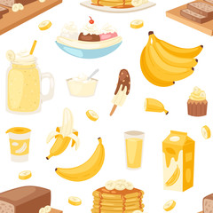 Banana set vector bananas products bread pancake or banana split with yellow cocktail and fruit in chocolate illustration bananapeel or skin seamless pattern background