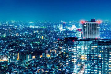 Asia Business concept for real estate and corporate construction - panoramic modern city skyline aerial night view of Shinjuku area under twilight sky in Tokyo, Japan