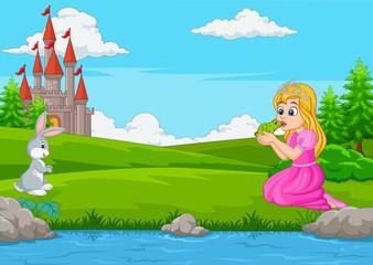 Cartoon een prinses die een groene kikker kust