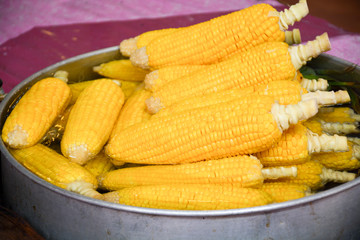 boiled corn in a saucepan on the market.Thailand