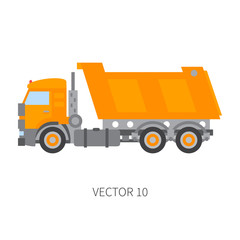 Color flat vector icon construction machinery truck tipper. Industrial style. Corporate cargo delivery. Commercial transportation. Building business. Engineering. Diesel power. Illustration for design