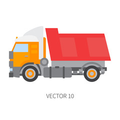 Color flat vector icon construction machinery truck tipper. Industrial style. Corporate cargo delivery. Commercial transportation. Building business. Engineering. Diesel power. Illustration for design