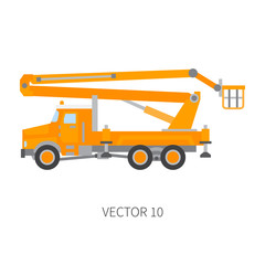 Color flat vector icon construction machinery truck auto crane. Industrial style. Corporate cargo delivery. Lift. Commercial transportation. Building business. Engineering. Diesel. Illustration design