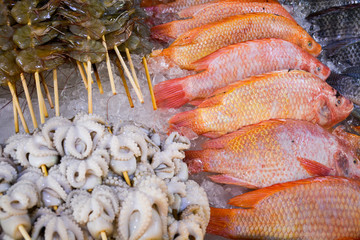 sea fish shrimp and octopus in ice on the market.Asia.Thailand