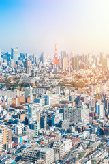 Asia Business concept for real estate and corporate construction - panoramic modern city skyline aerial view of tokyo under blue sky in Tokyo, Japan