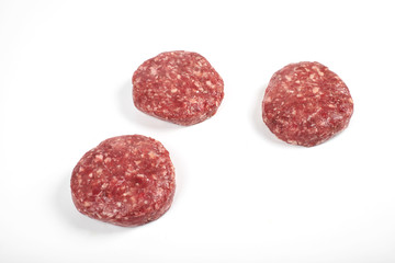 Raw fresh large beef burger or cutlets isolated on white background
