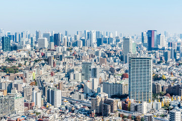 Fototapeta na wymiar Asia Business concept for real estate and corporate construction - panoramic modern city skyline aerial view of Odaiba area and Tokyo Metropolitan Expressway under blue sky in Tokyo, Japan