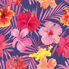Tropical seamless pattern with hibiscus flower with palm leaf on purple background. Vector set of exotic tropical garden for wedding invitations, greeting card and fashion design.
