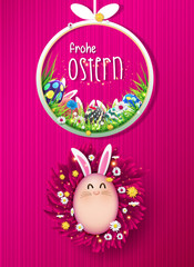 Bunte Ostereier. Frohe Ostern. Happy easter image vector. Modern happy Easter background with colorful eggs, bunny, rubbit, and spring flower. Template Easter greeting card, vector.
