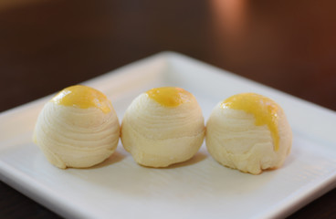 close up asian mini mooncake on white plate