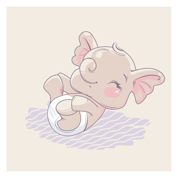 Cute little newborn baby elephant girl lying on back hold legs in hands . Cartoon character of baby girl of 1-6 months, wearing diaper. Happy laughing toddler. Pastels color vector illustration.