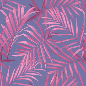 Tropical seamless pattern with pink palm leaves on purple background. Vector set of exotic tropical garden for wedding invitations, greeting card and fashion design.