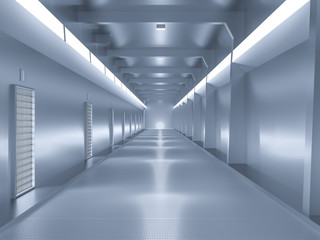 spaceship or science lap, sci-fi corridor blue color