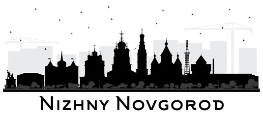 Obraz premium Nizhny Novgorod Russia City Skyline Silhouette with Black Buildings Isolated on White Background.