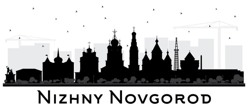 Nizhny Novgorod Russia City Skyline Silhouette with Black Buildings Isolated on White Background.