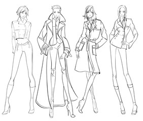 Stylish fashion models. Pretty young girls. Fashion girls Sketch