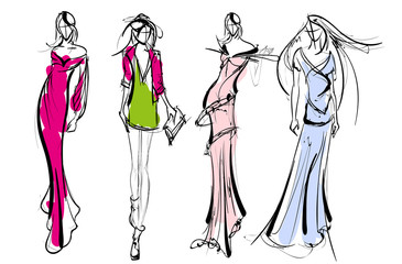 Stylish fashion models. Pretty young girls. Fashion girls Sketch