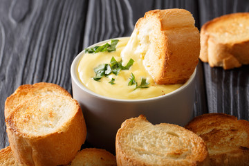 Delicious toasted bread dipped in cheese sauce close-up on the table. horizontal