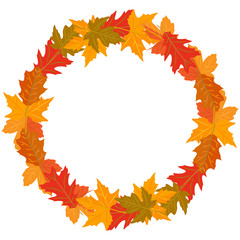 Naklejka na ściany i meble vector illustration round wreath of autumn leaves yellow green red brown color