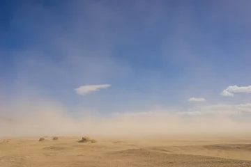Poster Im Rahmen Breite Sandwüste im Dürreklima, bedeckt von einem windigen Sandsturm. © kenkistler1