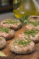 minced meat on a wooden board. 