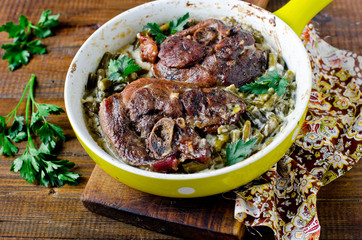 Turkey steak baked with green beans and cream