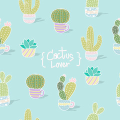 vector illustration cactus seamless pattern background. colorful pastel color tone seamless pattern of different cute cartoon cactus for background