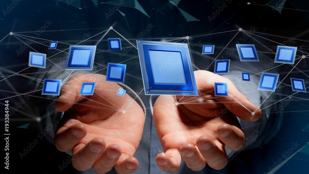 Poster processor chip and network connection - 3d render