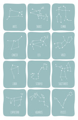 Cute background with schematic hand drawn zodiac constellations