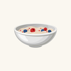 Bowl of oatmeal porridge with fresh blueberries and raspberries. Healthy and delicious breakfast. Tasty food. Flat design for recipe book. Cartoon vector illustration